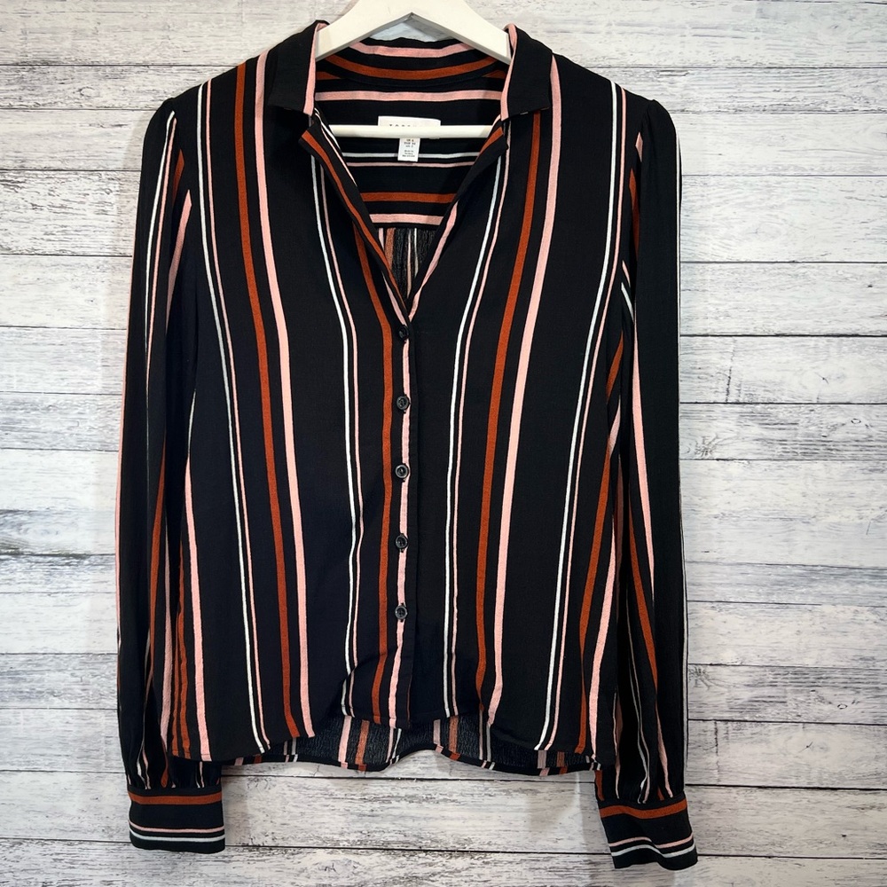 Topshop Black Pink and Rust Striped Button Down Shirt